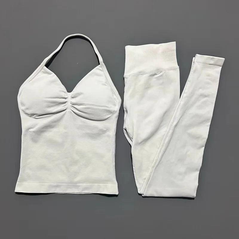 HISTELLO Gym-Leggings-Set, 2-teilig, für Damen, Yoga, lang, mit Trägern, nahtlos, Fitness-Kleidung, Laufen, Workout, Sport-Tops, Outfit