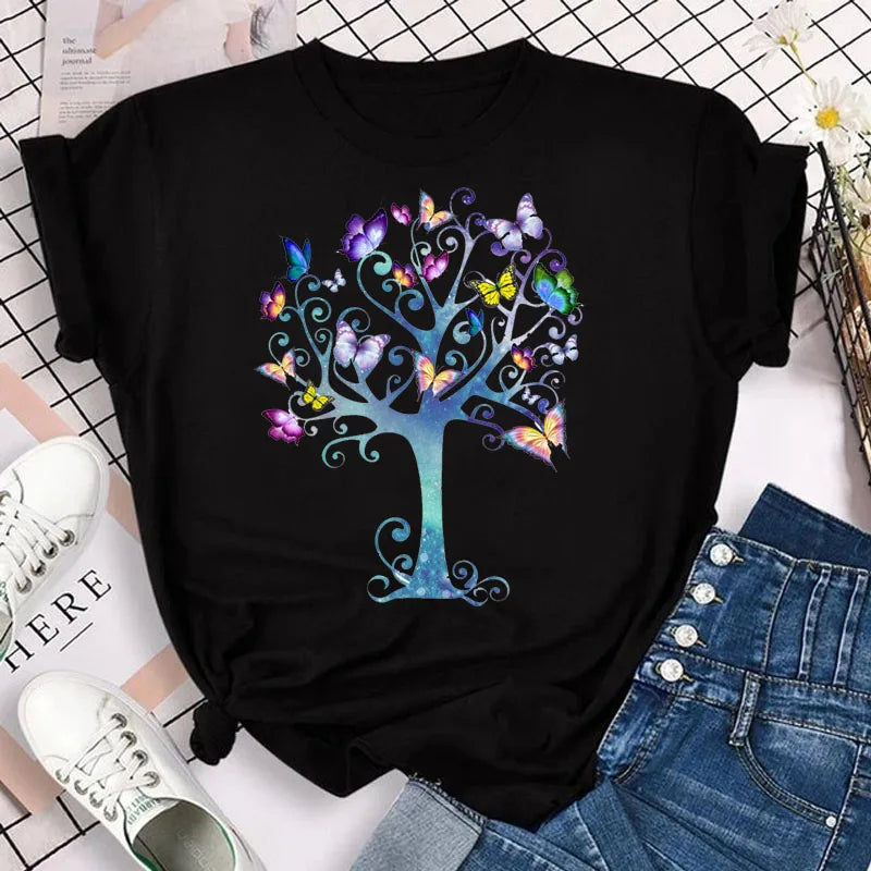 Neue blaue Schmetterling Blumen gedruckt T-Shirt Frauen Sommer lässig Kurzarm O-Ausschnitt Tops 90er Jahre Mode Grafik weibliche Tops T-Shirts