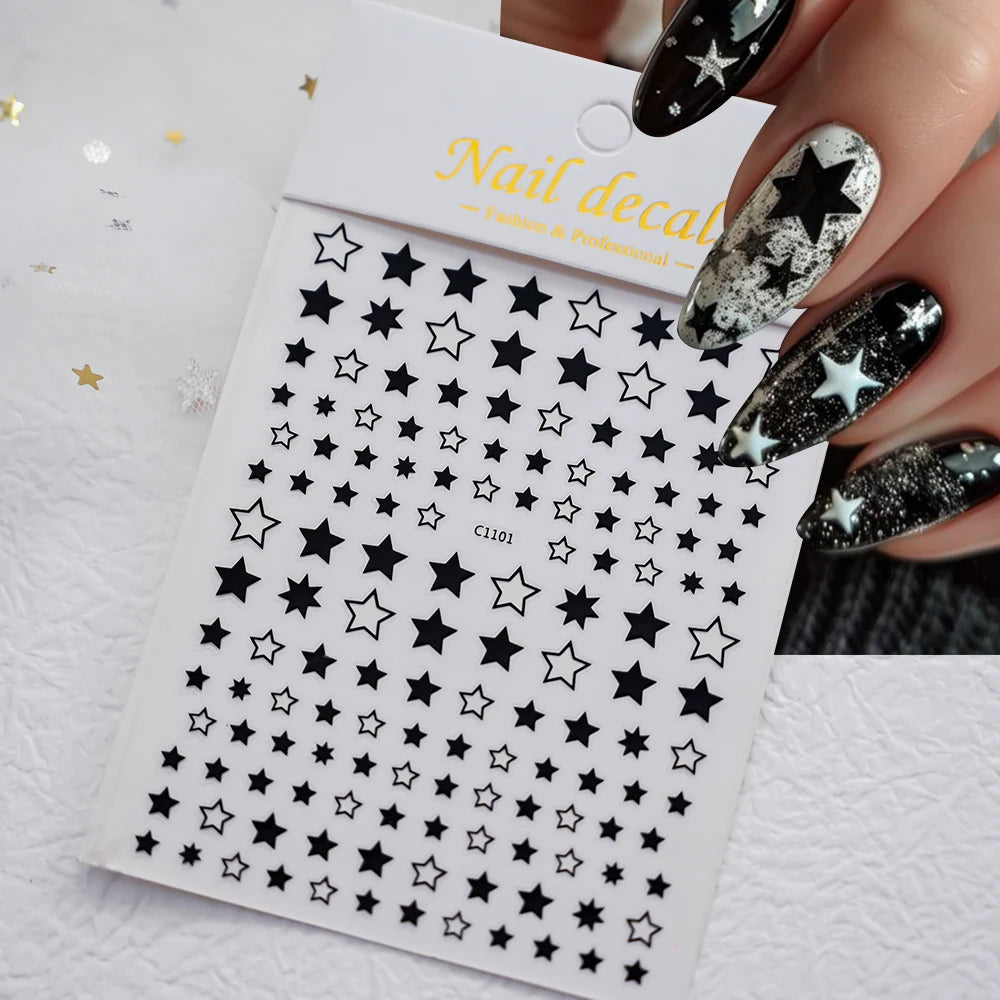 1pc 5D Y2K Gothic Metall Schwarz Silber Sterne Nagel Aufkleber Luxus Stern Nail art Aufkleber Vergoldung Hohl 5-zackigen Nagel Design Slider