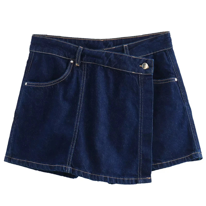 HXAO Asymmetrischer Jeansrock, kurze Sets, zweiteiliges Set für Damen, Sommer-Outfits, bauchfreies Jeanshemd, Anzug, Mini-Culottes-Set mit hoher Taille