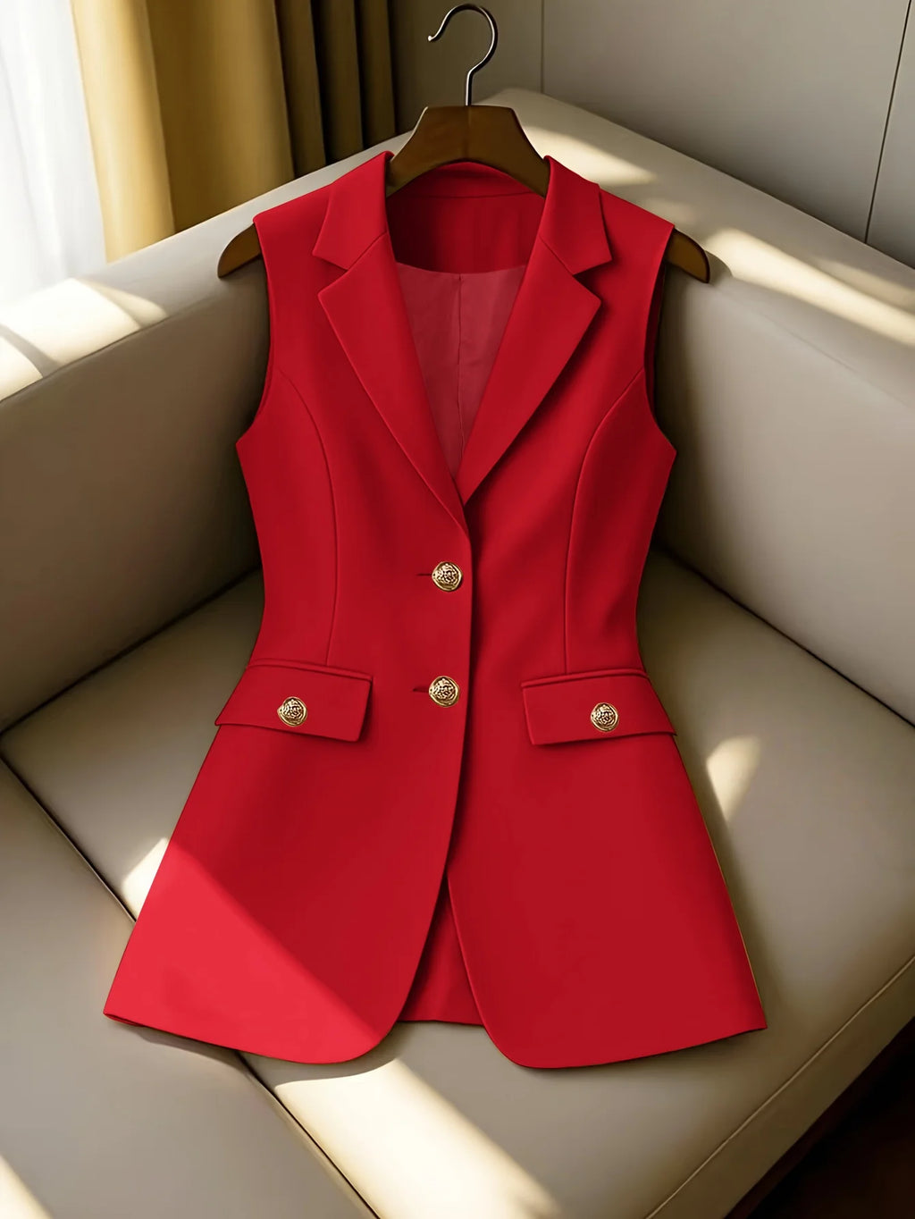 Lange Blazer-Weste für Damen, ärmellos, Reverskragen, Anzugweste mit goldenen Knöpfen für Business, Büro, Oberbekleidung, Oberteil