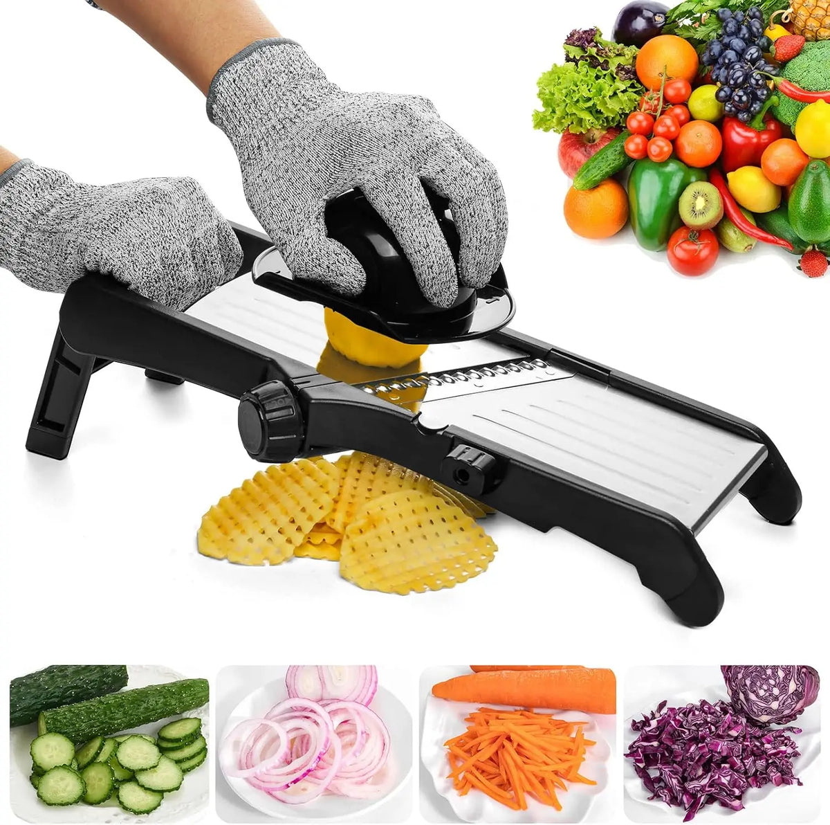 Verstellbarer Mandolinenschneider, Mandolinenschneider für die Küche, Mandoline mit schnittfesten Handschuhen, Kartoffelschneider, Gemüseschneider