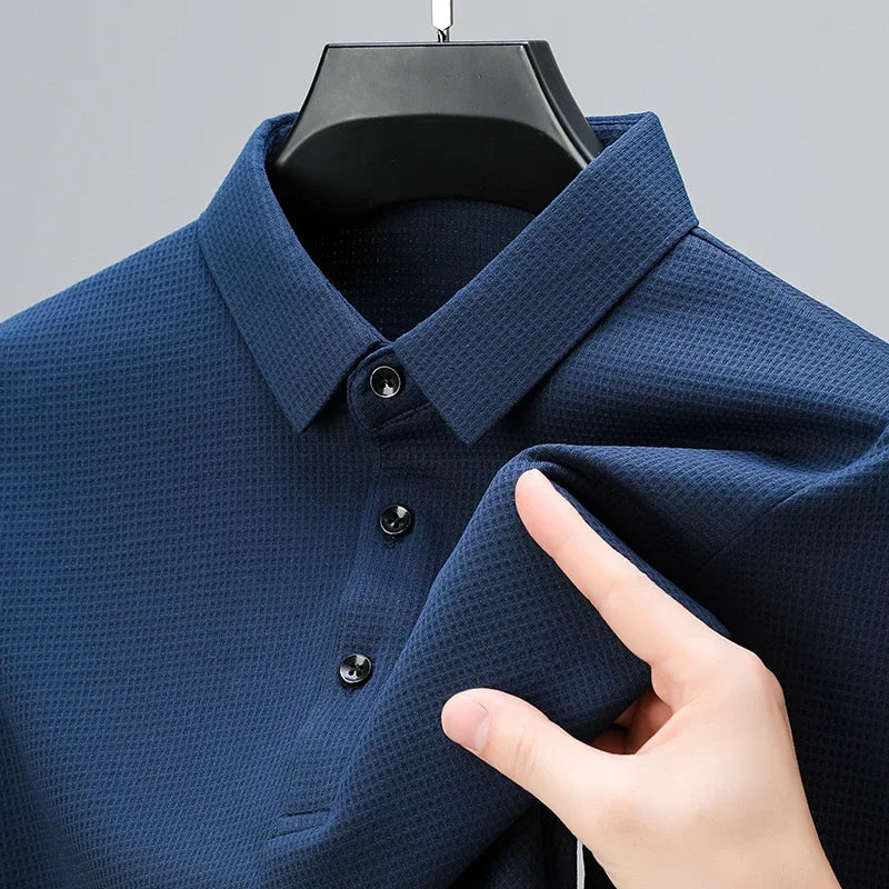 Neues lässiges Waffel-Kurzarm-Poloshirt für Herren, modisches einfarbiges Oberteil