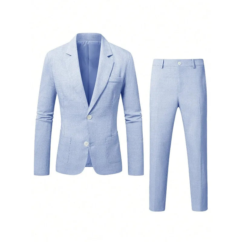 KIDWHXR Herren 2-teiliges Hochzeits-Set Koreanischer Einfarbiger Einreihiger Blazer mit Taschen Gerade Geschnittene Hose Schlanker Casual Anzug Outfit