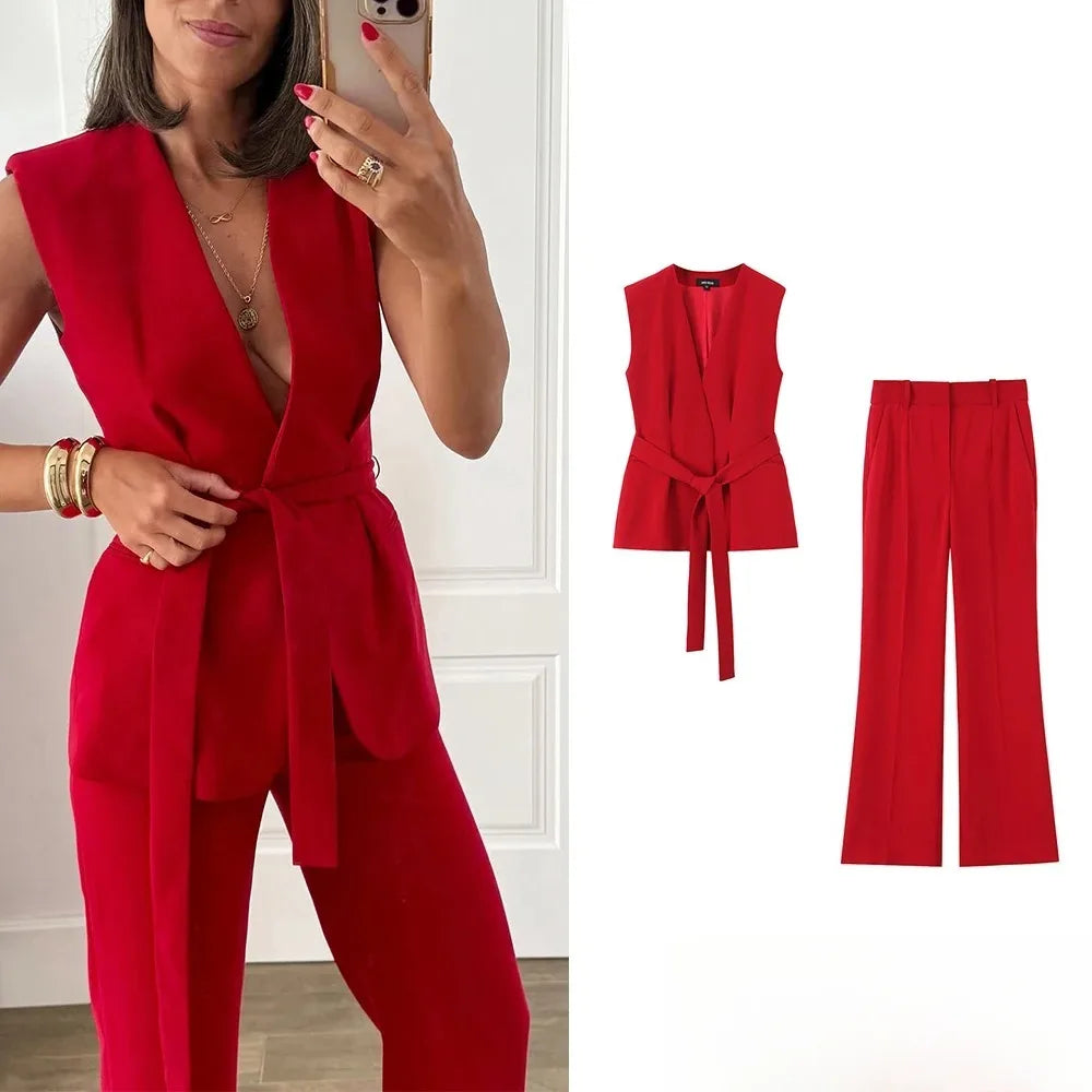 KONDALA Büro Dame Chic Rote Weste Blazer Anzug V-ausschnitt Schärpen Ärmellose Blazer Hohe Taille Breite Bein Hosen Mode 2025, Sommer Sets