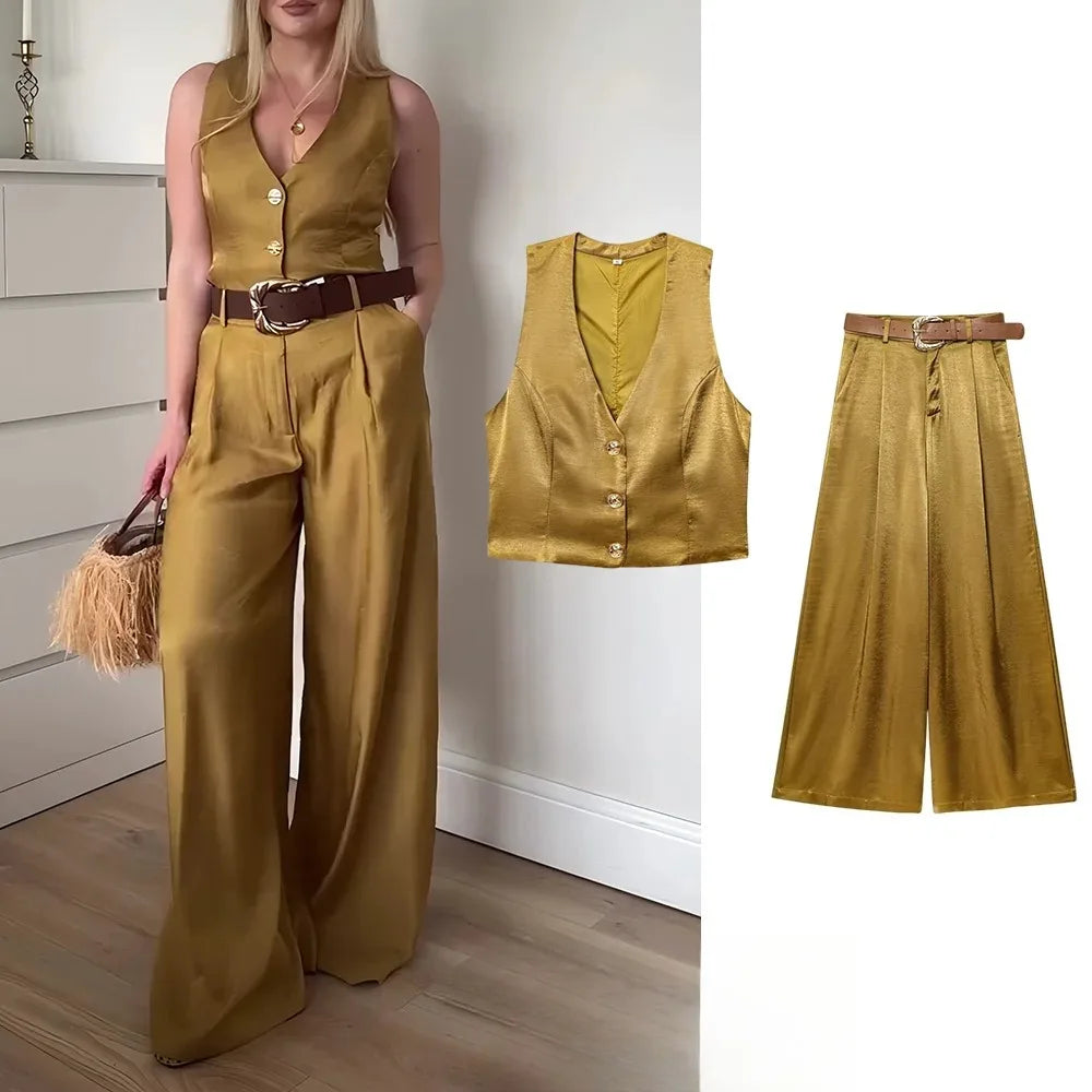 KONDALA Casual Chic Gelb Satin Frauen Anzüge V-ausschnitt Tasten Weste Hohe Taille Breite Bein Hosen Mode 2025, Sommer Urlaub Anzüge