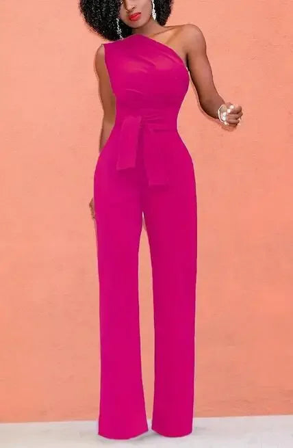 Damen-Overall, einfarbig, Skew-Kragen, bauchfreies Top, gerade Hosen, Gürtel, sexy, ärmellos, lockere Hosen, elegante, charmante Playsuits 2024