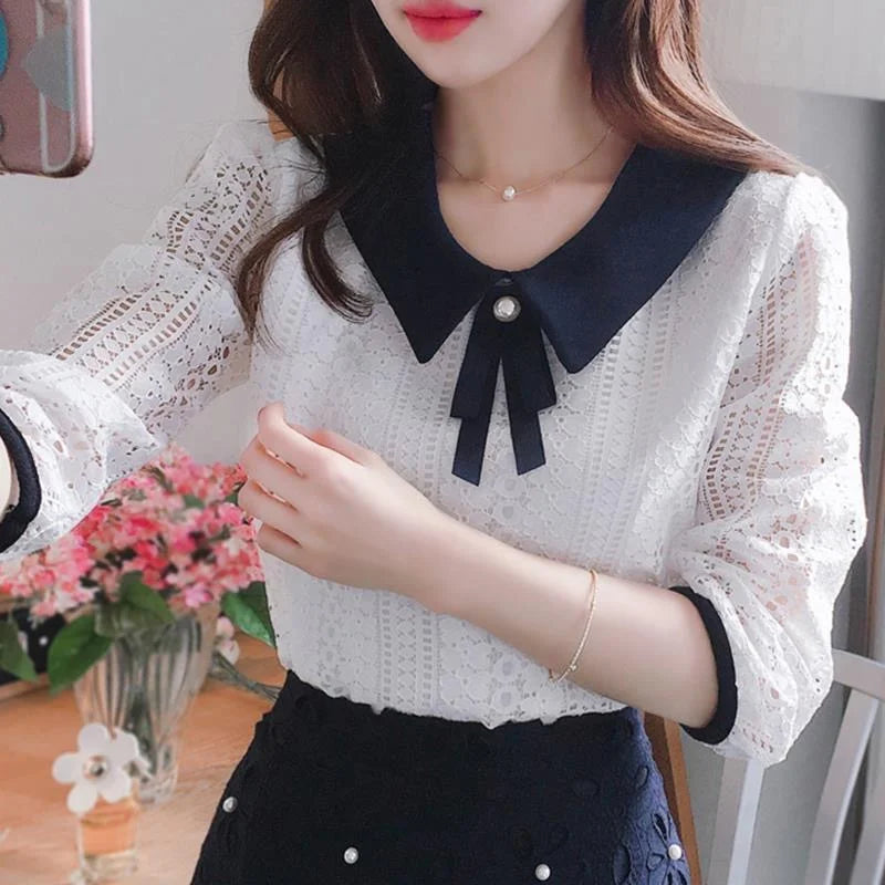 Frauen Frühling Herbst Stil Spitze Blusen Hemd Frauen Peter Pan Kragen Einfarbig Halbe Hülse Elegante Spitze Tops SP8676