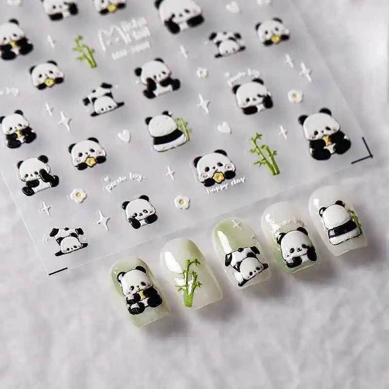 5D Soft-Relief Panda Nagelkunst-Aufkleber, Niedliche Cartoon-Pandabären, die Bambus essen, Selbstklebende Slider, Chinesische Panda-Nageldekorationen