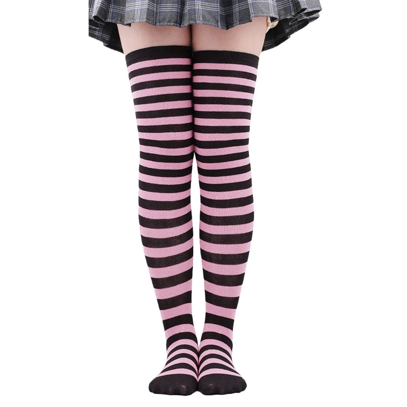 Frauen Gestreiften Druck Über Knie Lange Socken Oberschenkel Hohe Strümpfe für Weihnachten Halloween Anime Cosplay Kostüm Zubehör M6CD