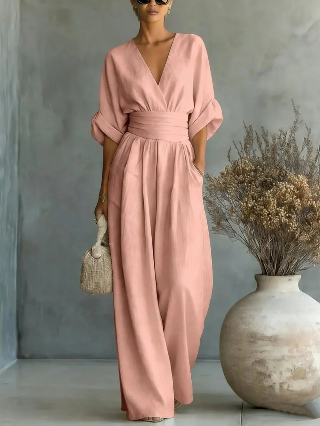 2026 Frühling Damen Jumpsuits mit tiefem V-Ausschnitt, elegante einfarbige High-Waist-Rompers, lässige Weite-Bein-Hosen mit Taschen, Overall für den Urlaub