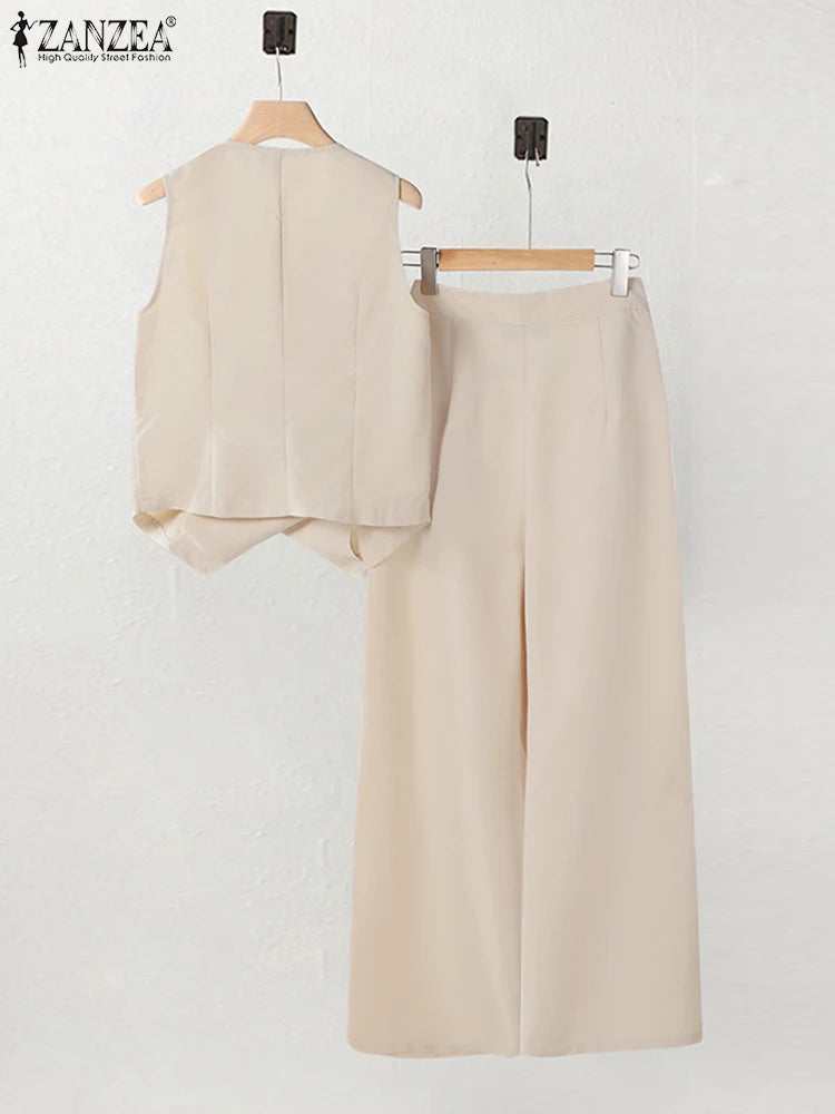 2PCS Frauen Sommer Hose Sets ZANZEA Elegante Ärmellose Bluse OL Arbeit Hosen Anzüge Solide Lose Passenden Sets Mode Trainingsanzüge