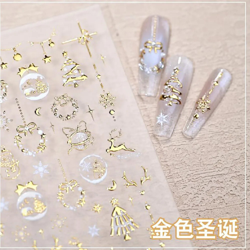 5D Goldprägung Schleife Ball Hirsch Weihnachten Nagelaufkleber Glänzender Kranz Weihnachtsbaum Kristall Nagelaufkleber Winter Nageldekoration