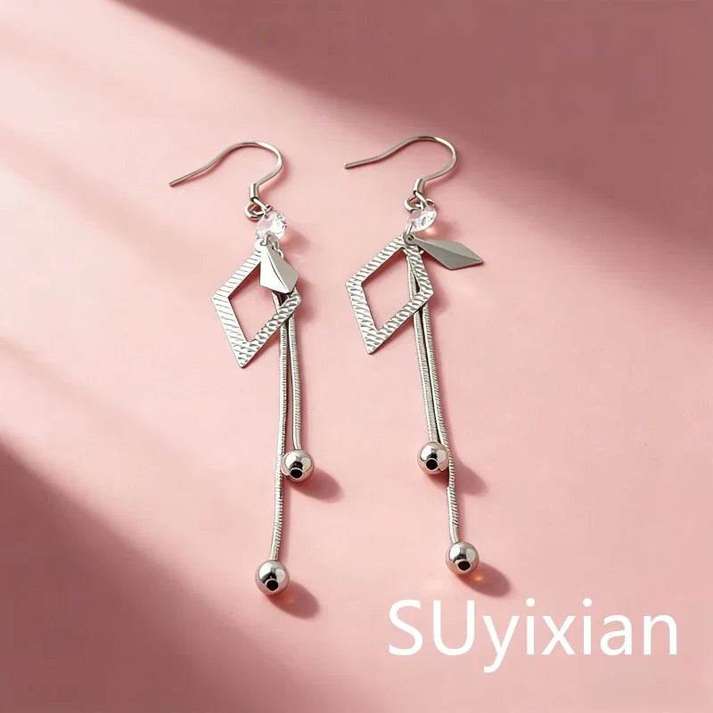 925 Sterling Silber Modische Rhombus-Ohrringe mit Fransen, Geburtstagsgeschenk, Jubiläumsgeschenk, Alltagsaccessoire