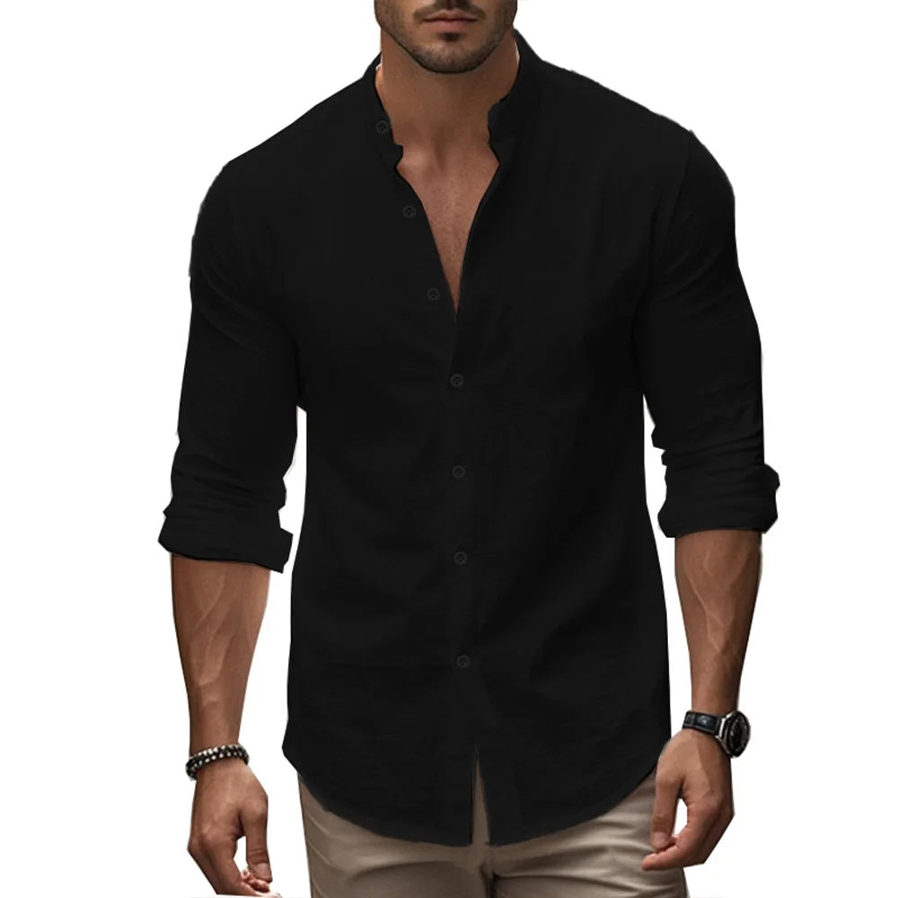 Henry-Hemden für Herren, Baumwolle, Leinen, schmale Passform, kausal, hawaiianisch, einfarbig, Basic-Stil, Frühling und Sommer, atmungsaktive Herrenbekleidung