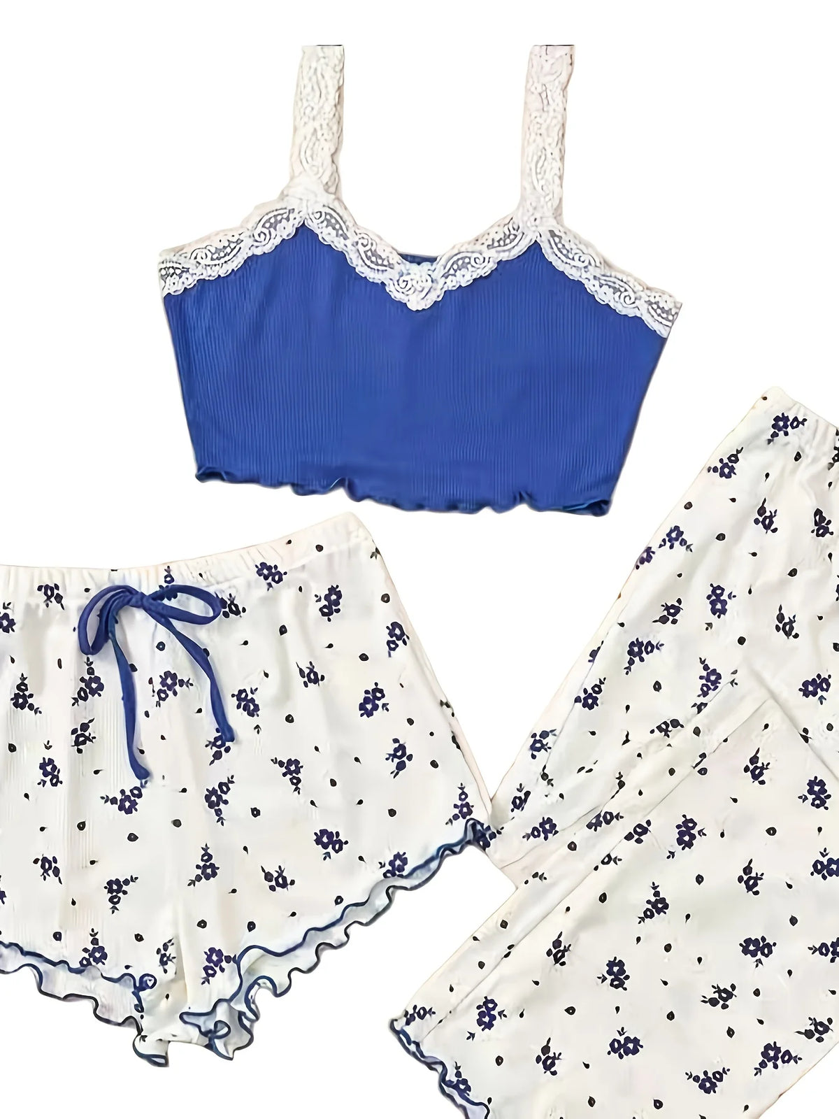 Süßes Blumen-Pyjama-Set für Damen – Camisole mit Spitzenbesatz und V-Ausschnitt + Shorts + Hose, lässige Ganzjahres-Nachtwäsche mit Blumendruck