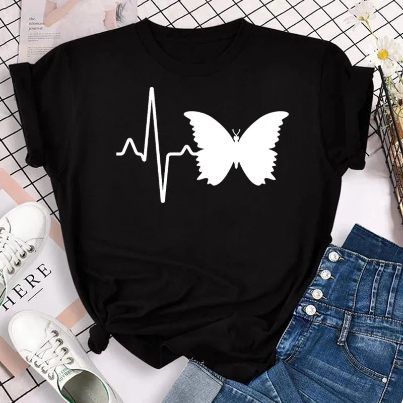 Neue blaue Schmetterling Blumen gedruckt T-Shirt Frauen Sommer lässig Kurzarm O-Ausschnitt Tops 90er Jahre Mode Grafik weibliche Tops T-Shirts