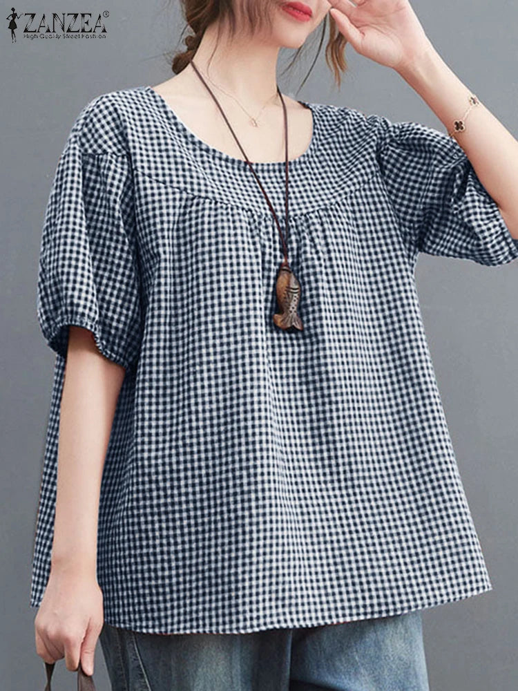 ZANZEA Sommer Vintage Frauen Casual Lose Hemd Baggy Plaid Kariert Tops Tunika Mode O Hals Kurzarm Bluse Blusas Chemise