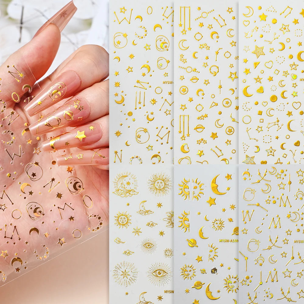 6 Stück 3D Blaue Herz-Nagelaufkleber Bronzierte Gold Silber Stern Mond Sonne Selbstklebende Slider Y2K Nagelkunst Abziehbilder Maniküre Dekoration