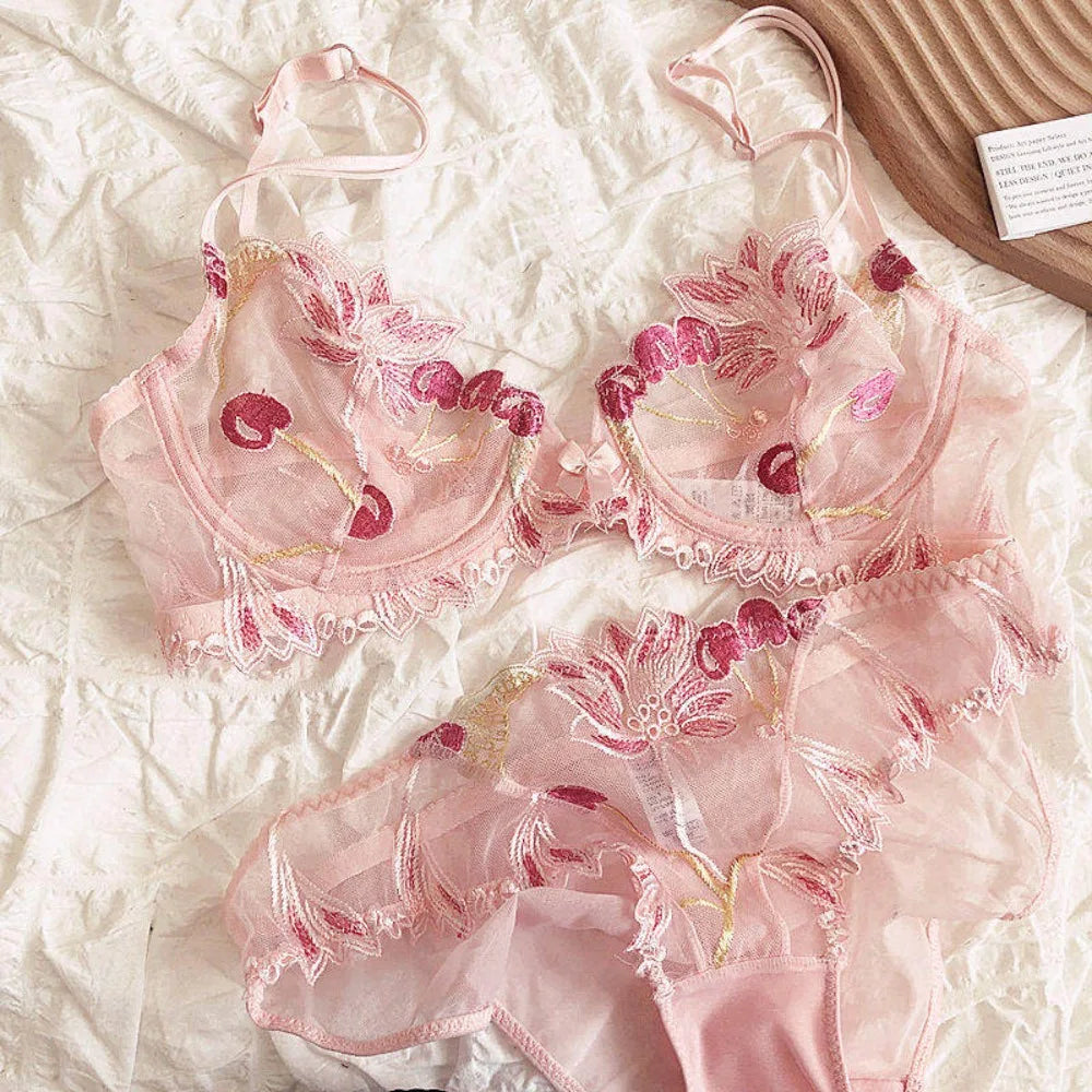 Eleganter Kirschblüten-Stickerei-Spitzen-Bügel-BH, ultradünn, Minimizer, stützend, Anti-Sagging, seitlich glättend für große Brüste, Größen 32-38, Set