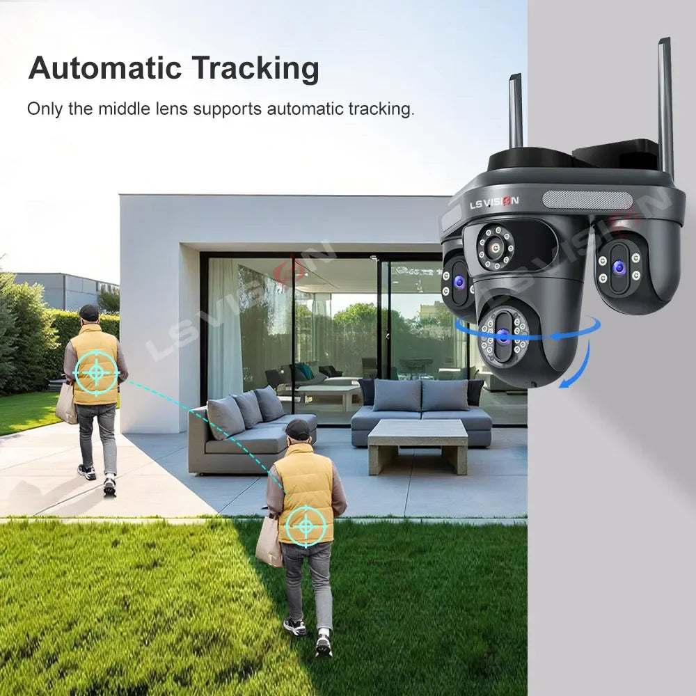 LS VISION 15 MP WLAN-Kamera mit drei Bildschirmen für den Außenbereich, drei 360° ° Rotation PTZ IP Kamera Human Auto Tracking Videoüberwachung Cam CCTV