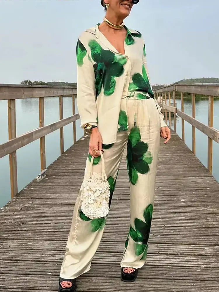 HH 2024 Sommer Weibliche Elegante Blumen Druck 2 Stück Anzug Lange Ärmel Revers Bluse + Kordelzug Breite Bein Hosen kausalen Outfit