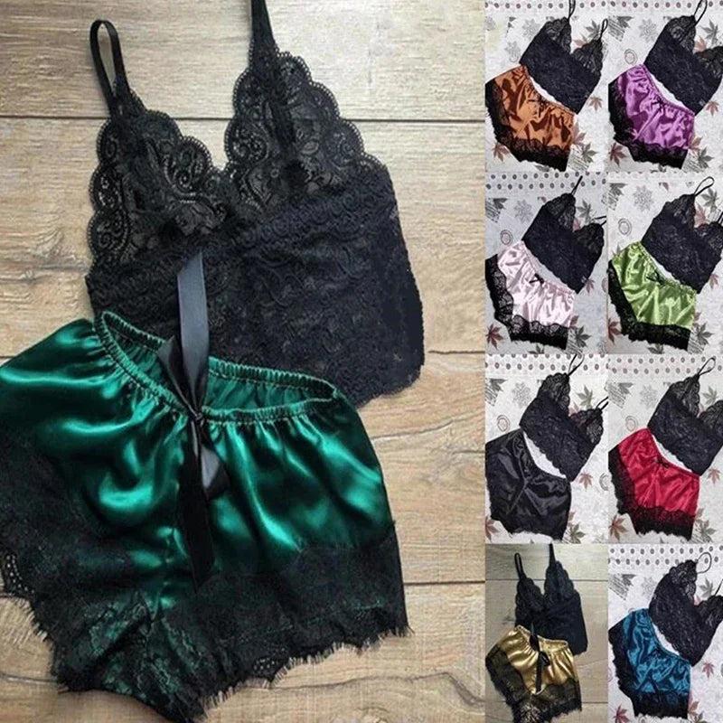 Nachtwäsche Damen sexy Pyjamas Set Spitze Nachthemd Dessous ärmellose V-Ausschnitt Tops und Shorts Sets Nachtwäsche Lounge wear