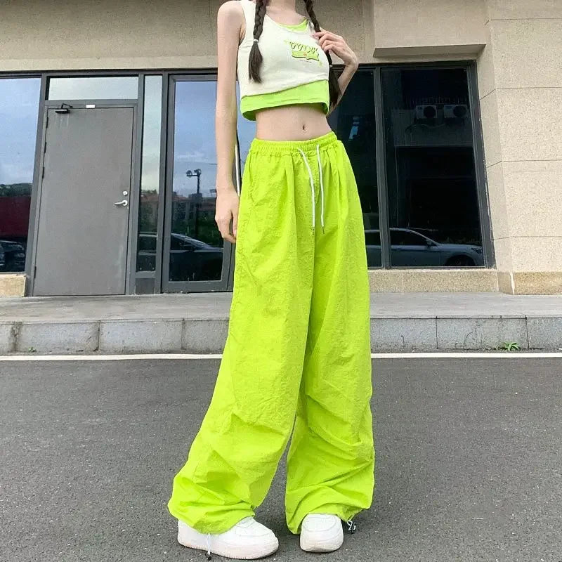Leichte Dünne Fallschirm Hosen Frauen Kordelzug Hohe Taille Cargo Hosen Frau Harajuku Streetwear Breite Bein Baggy Jogginghose