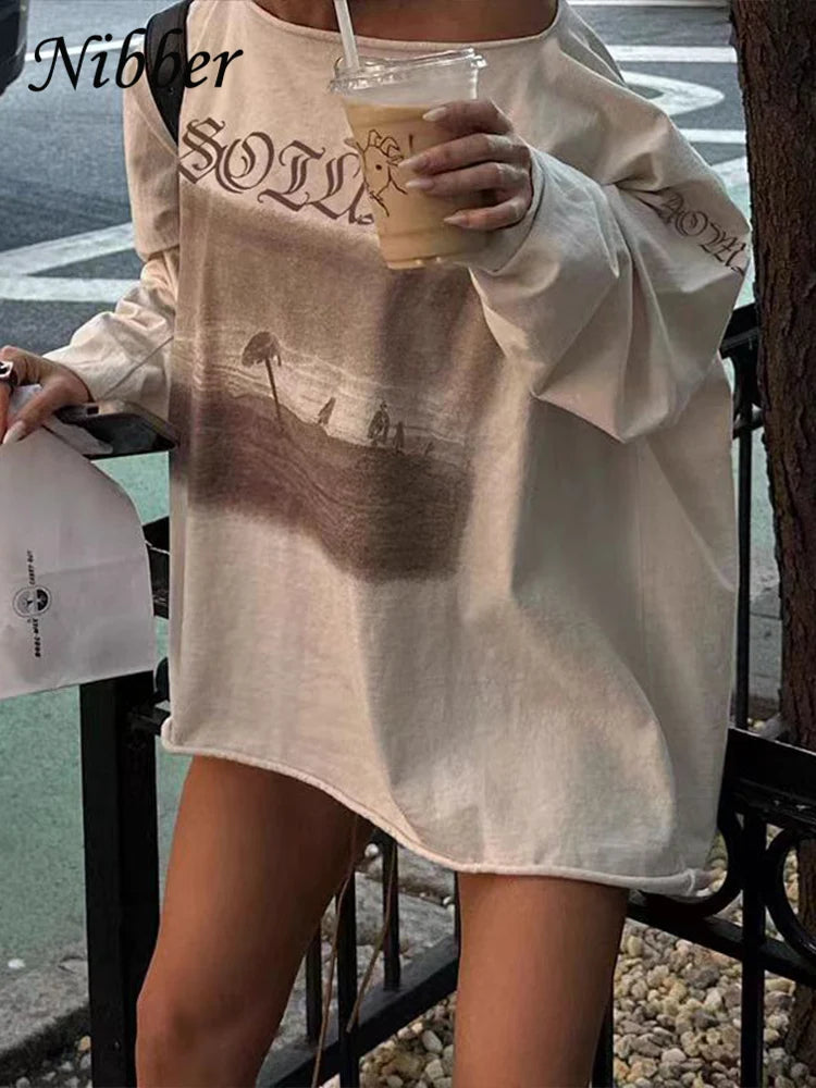 Nibber lässig lose Pullover T-Shirt Frauen Herbst Trend Schräg kragen voller Ärmel Grafiken drucken lässigen Komfort wilde tägliche T-Shirts