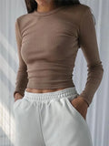 O-Ausschnitt Langarm-Shirt für Damen, gerippt, sexy, abgeschnittene Tops, 2022, Frühling, Schwarz, lässig, dünn, Basic, Damen-T-Shirts, Weiß