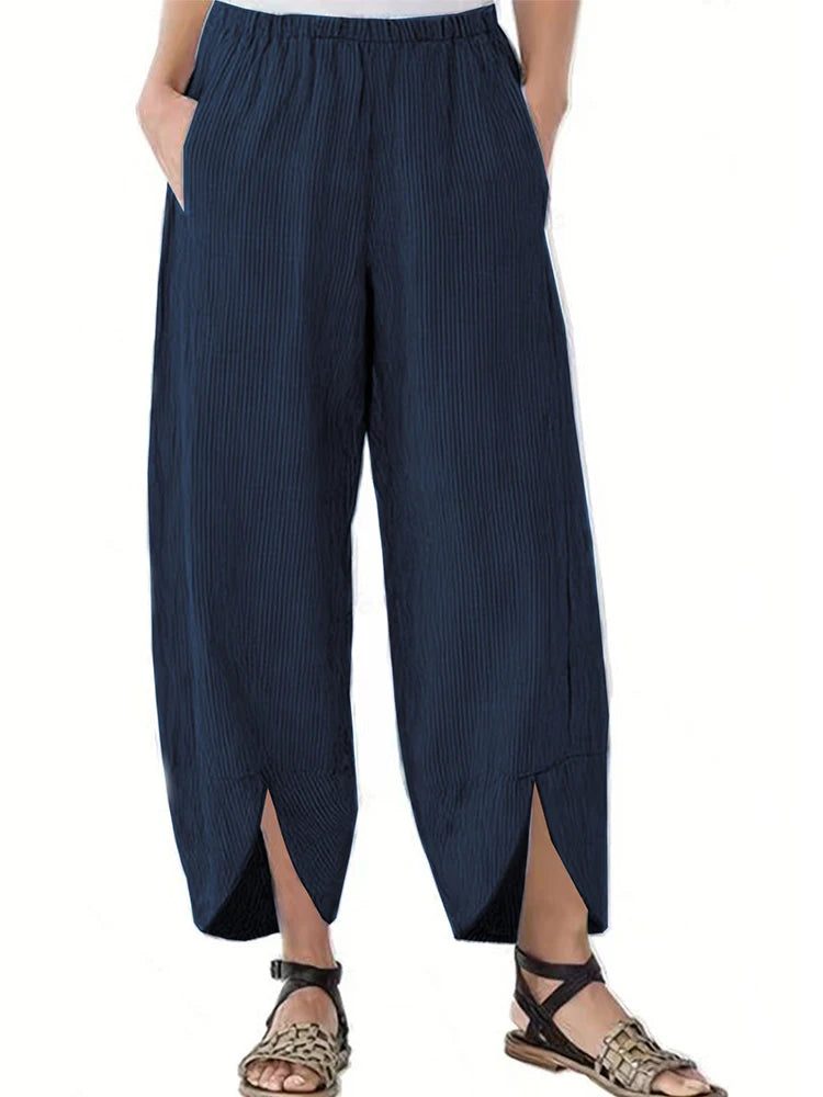 Damen-Hose in Übergröße, elastische Taille, weites Bein, lockere, lässige, einfarbige Herbst-2024, Neun-Minuten-Hose