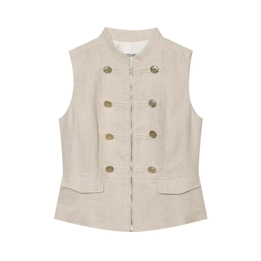    TFMLN Damen Vintage Westen & Mäntel 2026 Sommer Einfarbig Reißverschlüsse Knöpfe Stehkragen Elegante Streetwear Weste Modisch Schmal Geschnitten