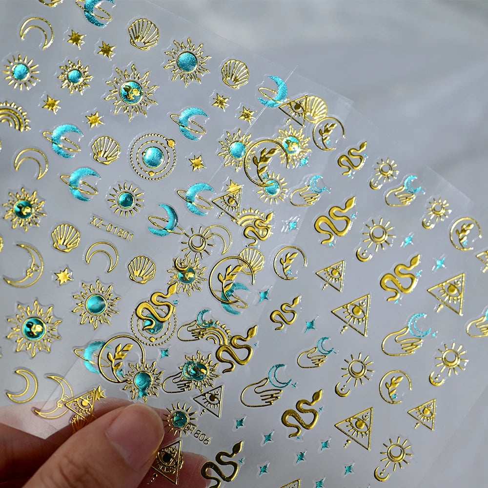 6 Stück 3D Blaue Herz-Nagelaufkleber Bronzierte Gold Silber Stern Mond Sonne Selbstklebende Slider Y2K Nagelkunst Abziehbilder Maniküre Dekoration