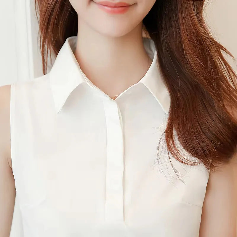 Büro-Arbeitskleidung für Damen Frühling-Sommer-Stil Chiffon-Blusen Hemden Lässige Ärmellose Blusas mit Umlegekragen Tops