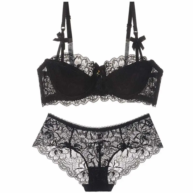 Sexy Push-up-BH-Set aus französischer Spitze für kleine Brüste, Anti-Durchhänger-Dessous-Set mit halben Körbchen und Höschen, durchsichtige verstellbare Träger