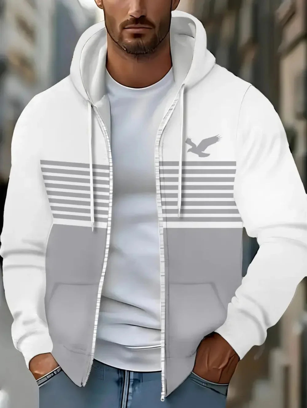 Lässiges, gestreiftes Herren-Sweatshirt mit Kapuze und durchgehendem Reißverschluss, Outdoor-Kleidung, glatte Kapuzentaschen mit Kordelzug, einfache gestreifte Sportbekleidung für Herren