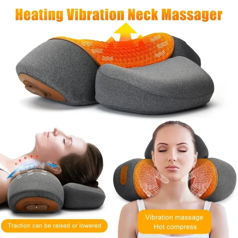 Elektrisches Nackenmassagegerät, Nackenkissen, heiße Kompresse, Nackenstretch, Heizung, Vibration, Nacken- und Schultermassagekissen, Rückentraktion