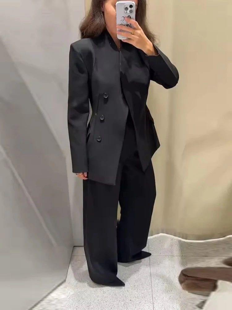 Frauen Elegante Schwarze Blazer Hosen Set Herbst Neue Taste Schlank Blazer Mantel + Zip-up Gerade Lange Hose Sets weibliche 2-teilige Anzüge