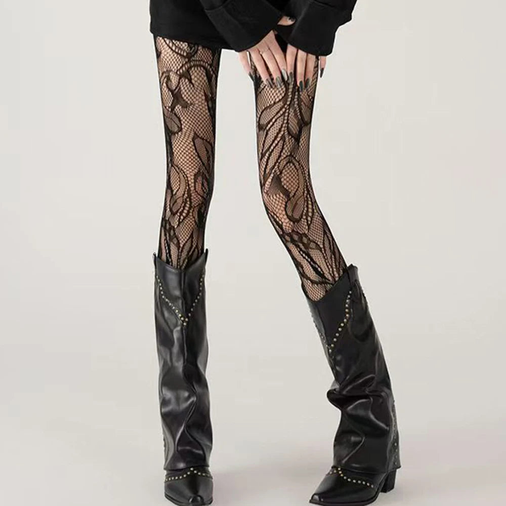 Retro Blumenmuster Strumpfhose Transparente Durchbrochene Jacquard-Spitze Netzstrumpfhose Spicy Girl Y2k Stretch-Netzstrümpfe Elastische Leggings