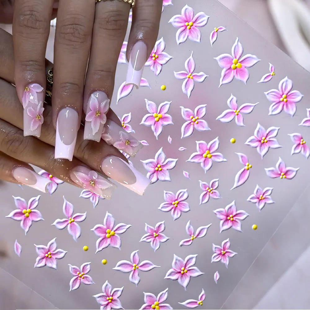 5D Relief Ombre Rosa Fünfblättrige Nagelkunst-Aufkleber Niedliche Weiche Lilien-Blumen Nagelsticker 8*10cm Selbstklebende Rosa Blumen-Nagelsliders