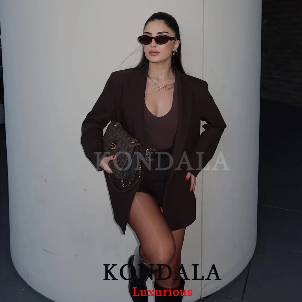 KONDALA Bürodame, schokoladenbraun, Damenanzüge, V-Ausschnitt, Doppelknopf, Blazer, Gürtel, Mini-Shorts, Rock, Mode, 2025, Vintage-Sets