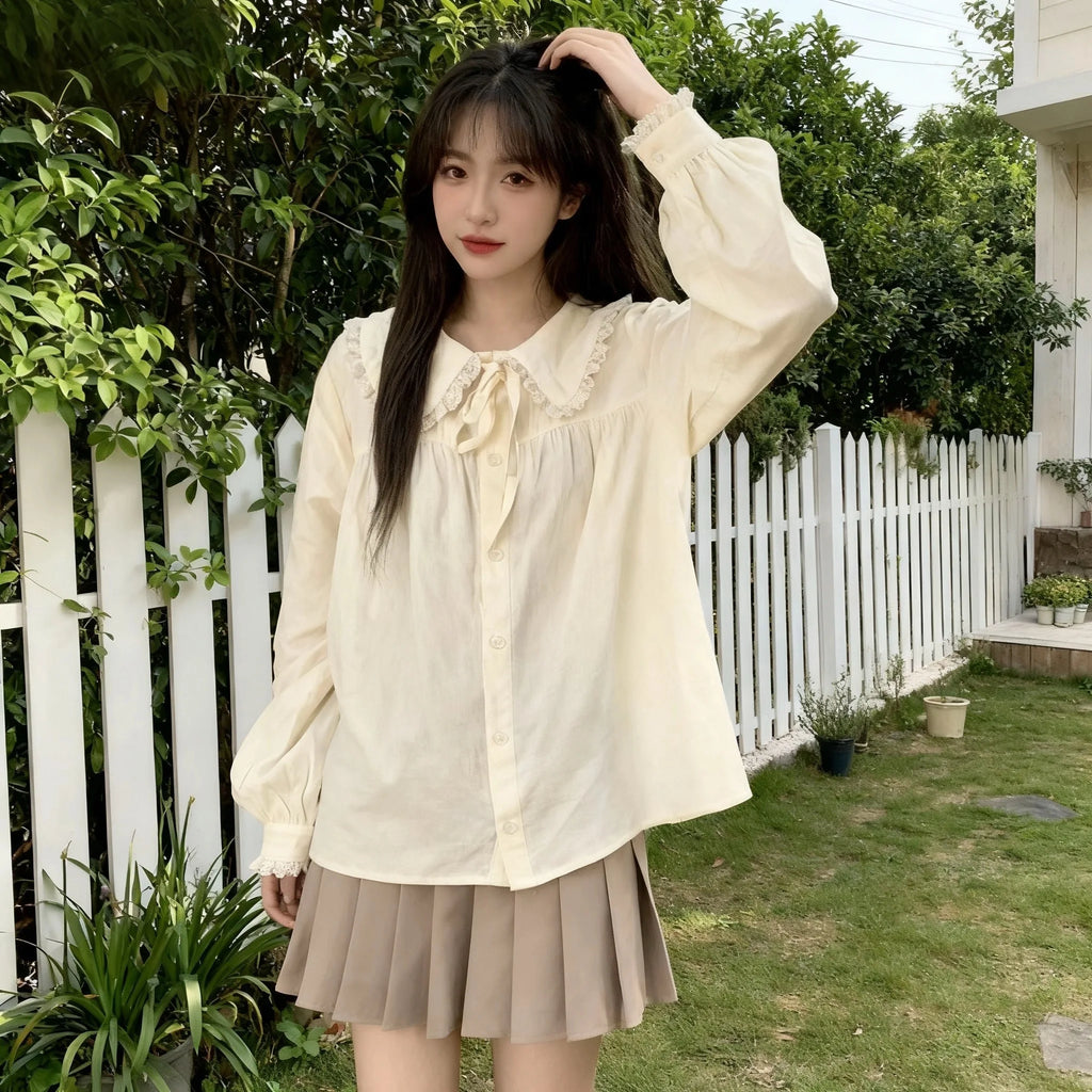 Peter Pan Kragen Süßes Hemd Frauen Lolita Japanische Kawaii Bluse Puff Langarm Elegante Weiße Weibliche Top Grundlegende Schule Shirts
