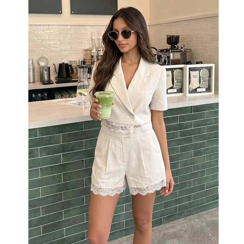 MUJER Spitzen-Damenblazer Anzug Kurzarm Casual Blazer Damen Sommer Crop-Blazer Damen Streetwear Mäntel Sets Damen 2-teilig
