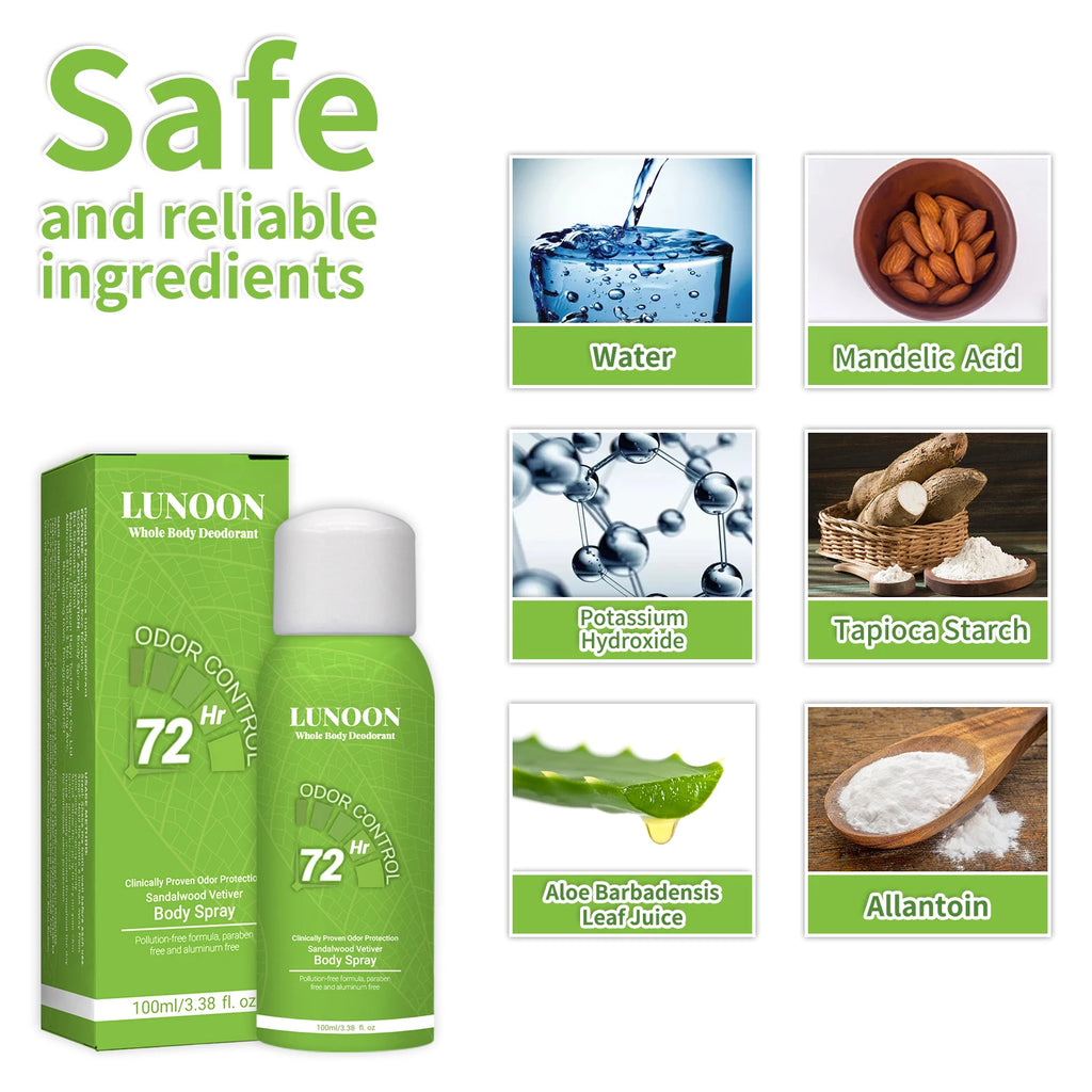 LUNOON Ganzkörper-Deodorant-Spray 100ml Achsel- und Fußgeruch-Eliminator Langanhaltende Frische für Männer und Frauen Reise-Essential
