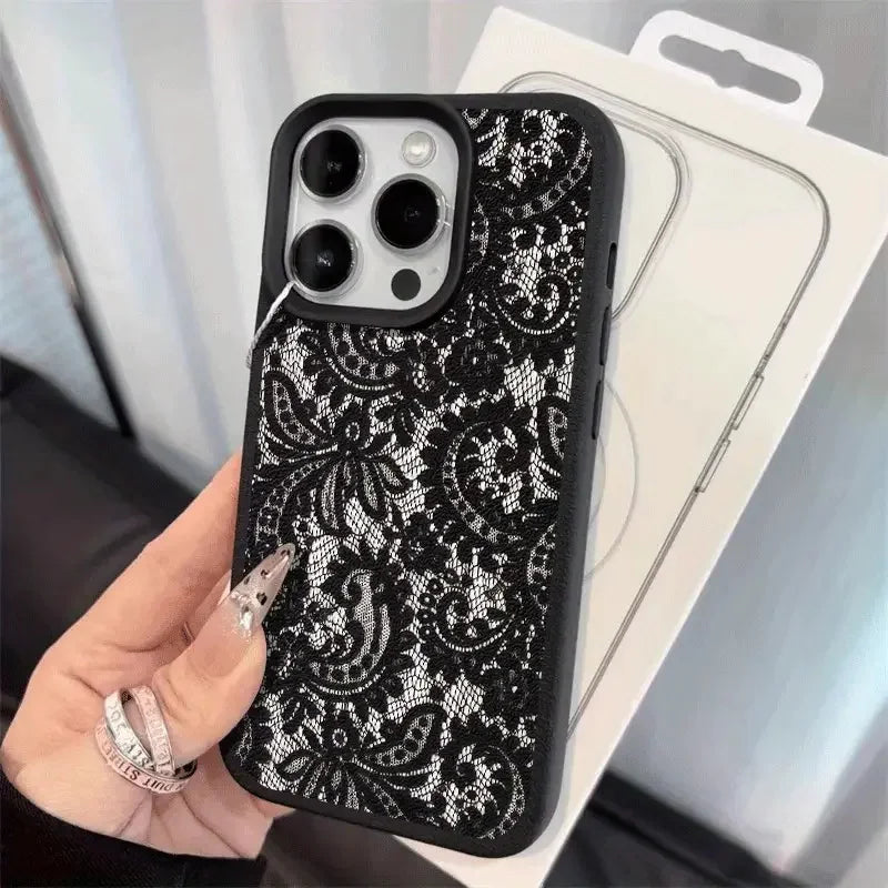 Telefon Fall Für IPhone 17 17Air 16 Pro Max 15 14 Plus 13 12 11 16E X XR XS max Schwarz Spitze Muster Schutz Soft Cover Funda