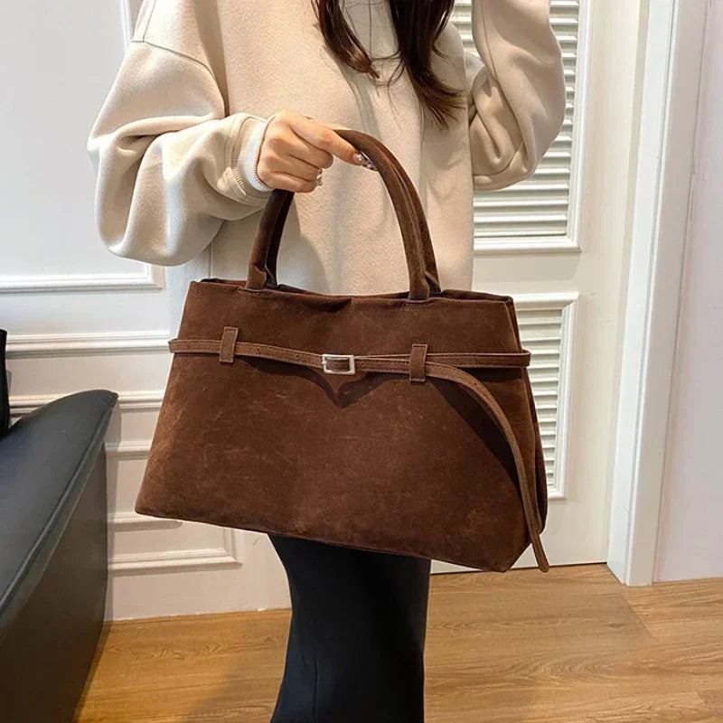 Damentasche mit Schnalle, dekoratives Design, solide Einkaufstasche aus Wildlederimitat, große Kapazität, Haspe, lässige Tragetasche, 2025, heißer Verkauf, Taschen für Damen