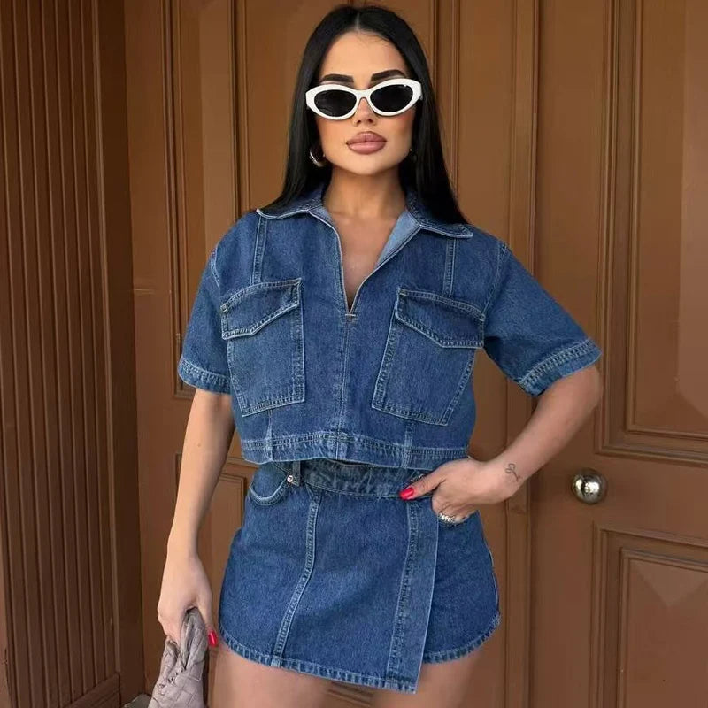 HXAO Asymmetrischer Jeansrock, kurze Sets, zweiteiliges Set für Damen, Sommer-Outfits, bauchfreies Jeanshemd, Anzug, Mini-Culottes-Set mit hoher Taille