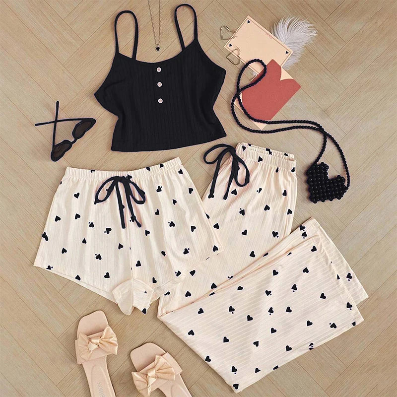 Süßes Blumen-Pyjama-Set für Damen – Camisole mit Spitzenbesatz und V-Ausschnitt + Shorts + Hose, lässige Ganzjahres-Nachtwäsche mit Blumendruck