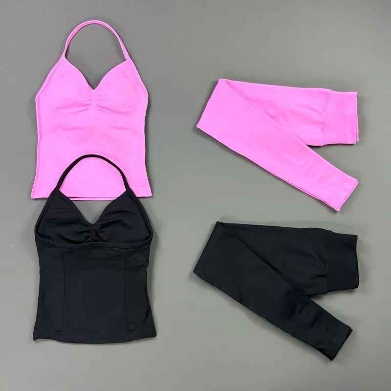 HISTELLO Gym-Leggings-Set, 2-teilig, für Damen, Yoga, lang, mit Trägern, nahtlos, Fitness-Kleidung, Laufen, Workout, Sport-Tops, Outfit
