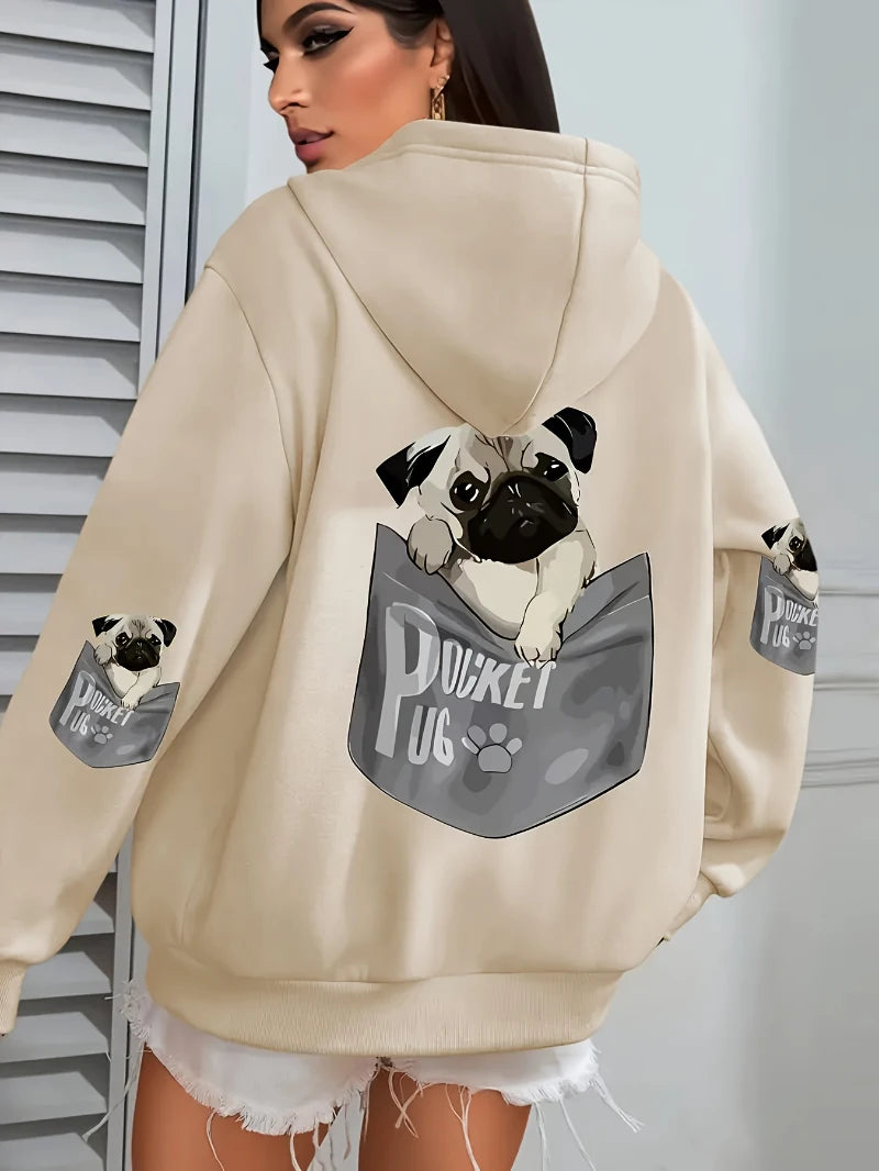 Tasche Mops Hoodies Frauen Cartoons hund Drucke Mit Kapuze Lose Taschen Sweatshirts Winter Fleece Warme Tops Straße Schwarz Frau Kleidung